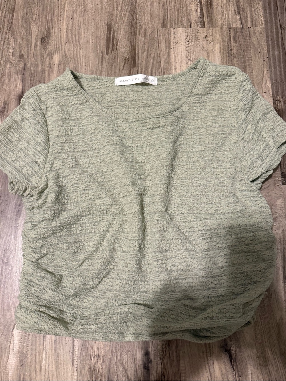 Altar'd State Sage Green Short Sleeve Lace-Textured Top